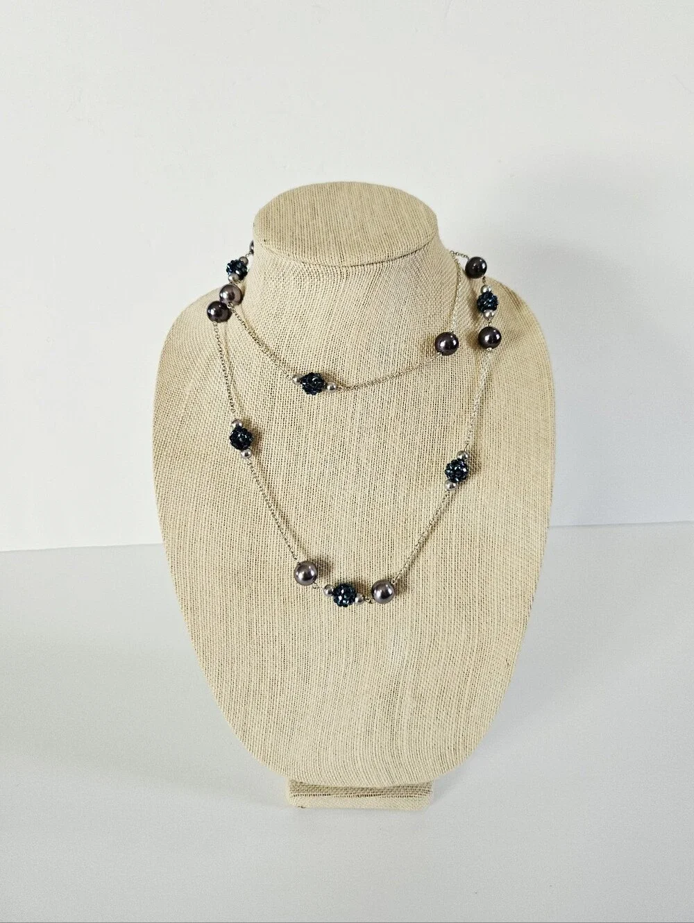 Vintage RMN Roman Blue Faux Pearl Beaded Silver Tone Opera Length Chain Necklace